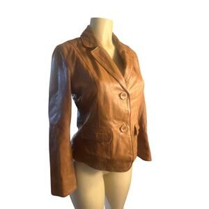 Women SP S Petite J.Jill Genuine Leather Brown Jacket 2-Button Blazer Coat